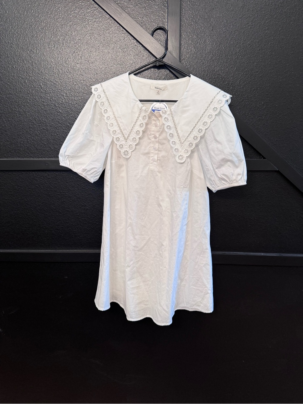 White Cotton Eyelet Collar Puff Sleeve Top